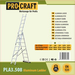 Žebřík hliníkový třídílný 3x8 Procraft  PLA3.508 | PLA3.508