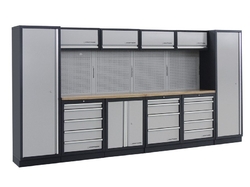 Dílenská stěna 3920x488x2000mm 14 zásuvek a skříňka, deska Multiplex MOBILIO GREY dílenský nábytek