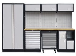 Dílenská stěna 2955x488x2000mm 9 zásuvek, skříňka a vozík, deska Multiplex MOBILIO GREY dílenský nábytek