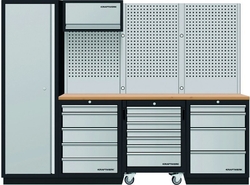 Dílenská stěna 2640x488x2000mm 9 zásuvek a vozík, deska Multiplex MOBILIO GREY dílenský nábytek