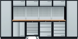 Dílenská stěna 3920x488x2000mm 9 zásuvek, skříňka a vozík, deska Multiplex MOBILIO GREY dílenský nábytek